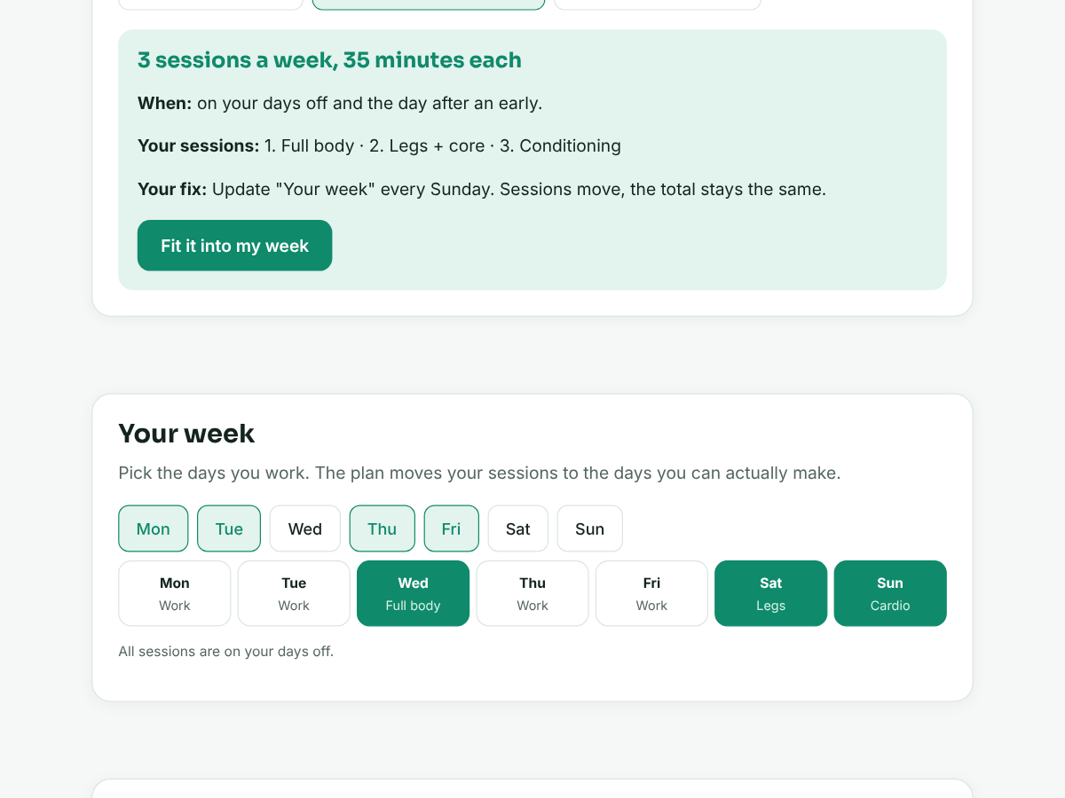 The example product: a gym plan for shift workers, with a quiz, a weekly planner and a 30-day tracker